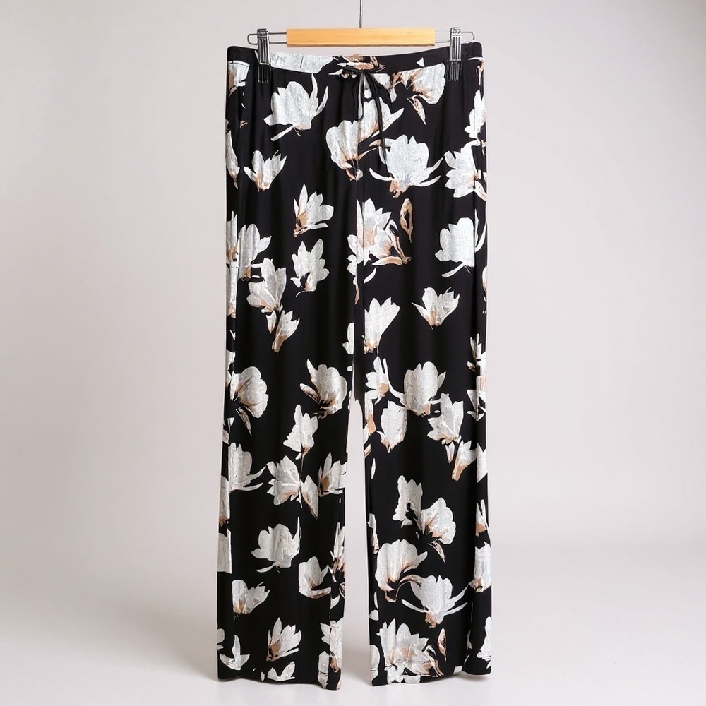 Soma Floral Black and White Wide-Leg Lounge Pants Soft Rayon Stretch Size Small